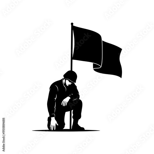 Silhouette of a kneeling soldier holding a flag in solemn remembrance.