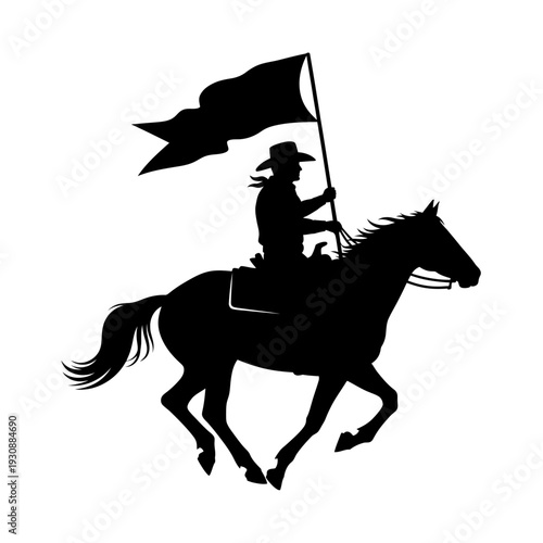 Silhouette of horse rider carrying a flag in dynamic motion.