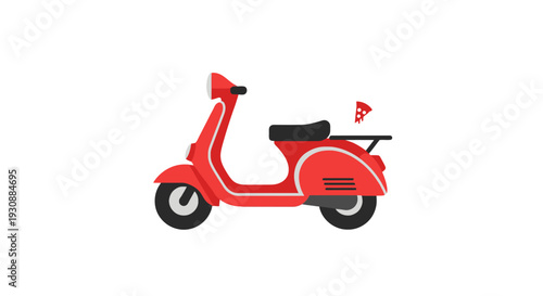 Red scooter parked on a street, viewed from the side, in a simple graphic illustration style