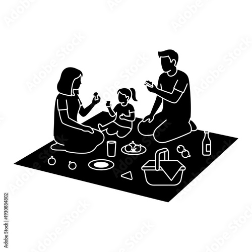 Family picnic outdoors parents and child sharing food.