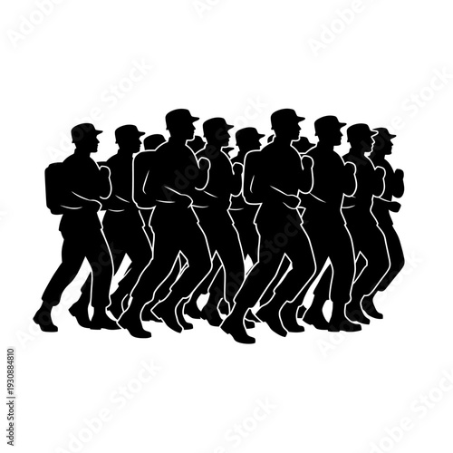 Row of identical male silhouettes marching in unison.