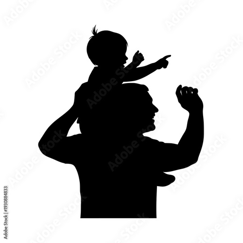 Silhouette of father carrying child on shoulders in profile with affectionate pose.