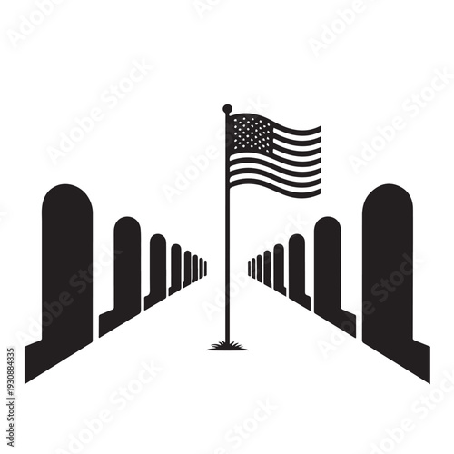 Black silhouette of american flag on flagpole with gravestones