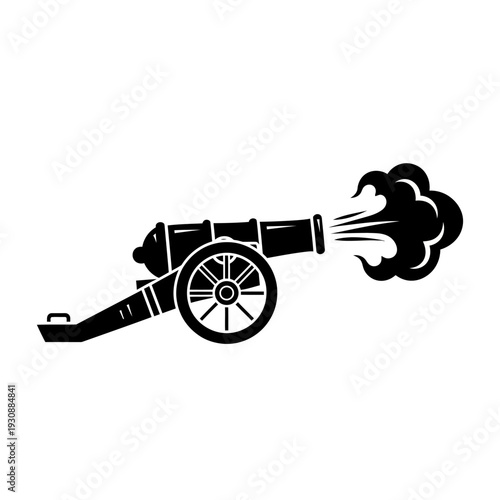 Silhouette of a historic cannon firing with billowing smoke and blast.