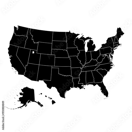 Black silhouette map of the United States with state borders.