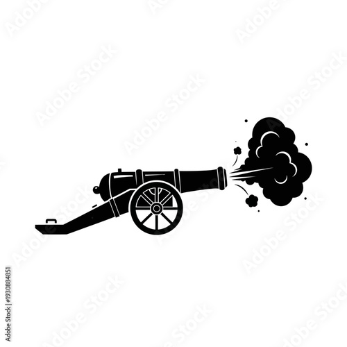 Vintage cannon firing with smoke and explosion silhouette.
