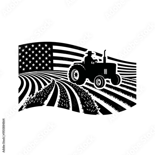 American agricultural tractor silhouette with flag and plowed fields.