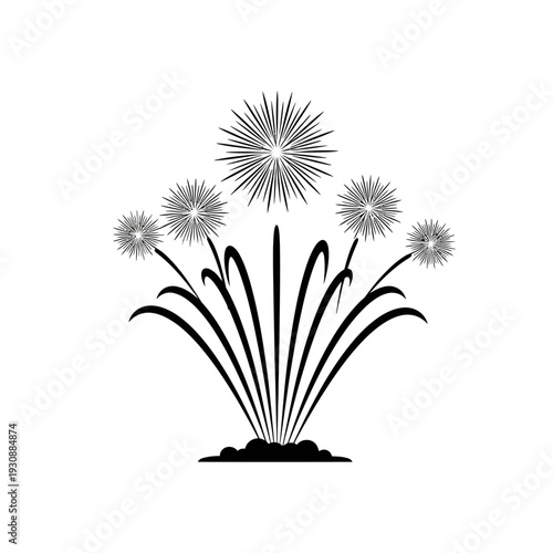 Black silhouette fireworks burst with radiating starbursts over ground.
