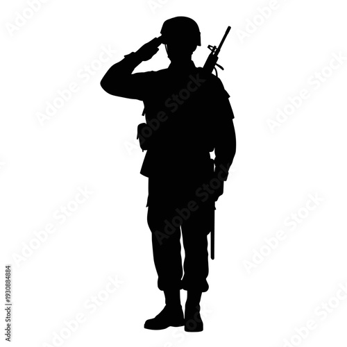 Silhouette of a saluting soldier holding a rifle in formal standing pose.
