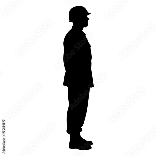 Silhouette profile of a standing soldier wearing a helmet and uniform.