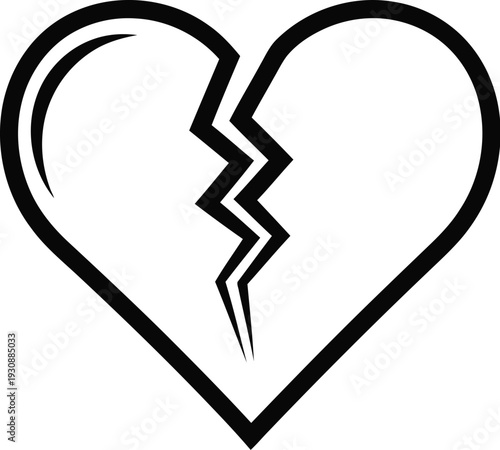 Simple black outline of a heart broken in two symbolizes heartbreak.