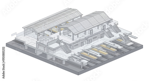 Detailed isometric architectural drawing of a multi-story building with a parking lot.