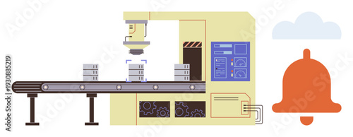 Industrial automation, production technology, factory workflow, manufacturing efficiency, robotics, quality control. Automated machinery processing items on a conveyor belt. Industrial automation