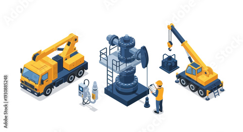 Industrial construction site with heavy machinery and workers.
