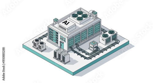 Isometric AI Factory Building with Advanced Technology and Infrastructure.