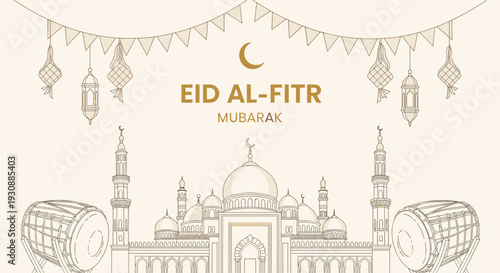 Beautiful elegant linear style Eid al-Fitr Mubarak greeting card background with mosque traditional drums hanging lanterns and crescent moon.