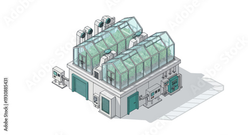 Isometric illustration of a modern greenhouse facility for sustainable agriculture.