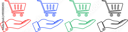 Shopping cart and hand icons collection red blue green black isolated on checkered background purchase