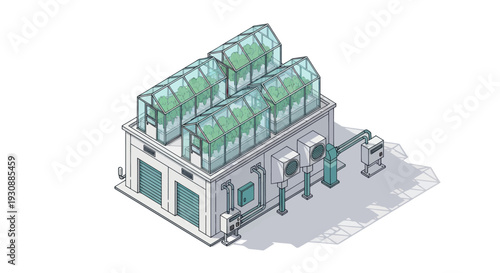 Isometric illustration of a modern industrial greenhouse building with multiple glass sections.