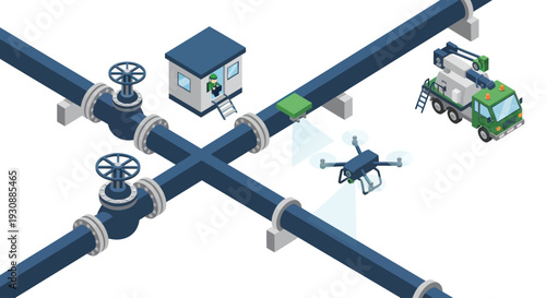Isometric illustration of a pipeline network with valves, a control building, a drone, and a service truck.