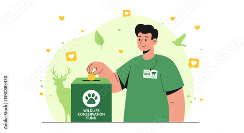 Man Donates Coin To Wildlife Conservation Fund With Deer And Bird Illustration