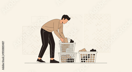 Man Doing Laundry With Baskets Minimalist Clean Illustration Style