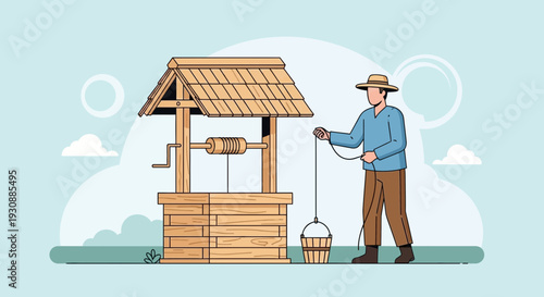 Man Drawing Water From A Traditional Wooden Well In A Pastoral Setting