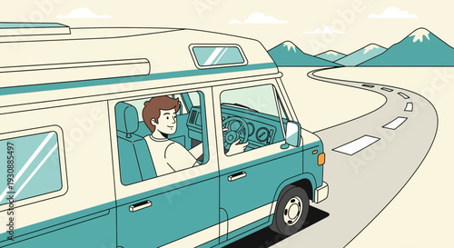 Man Driving Camper Van on Scenic Winding Road Towards Mountains