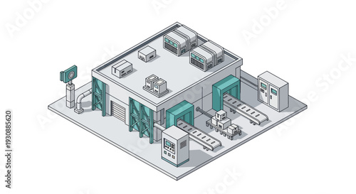 Isometric Industrial Building with Conveyor Belts and Machinery.
