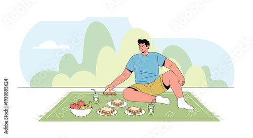 Man Enjoying A Peaceful Outdoor Picnic With Healthy Food Amidst Rolling Hills