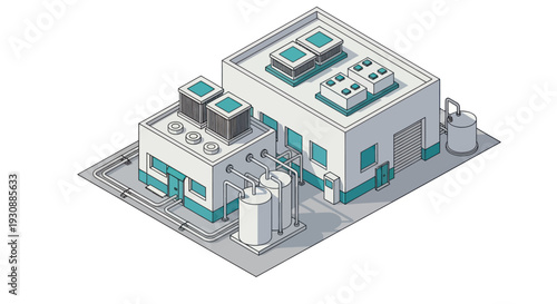 Isometric Industrial Building with HVAC and Storage Tanks.