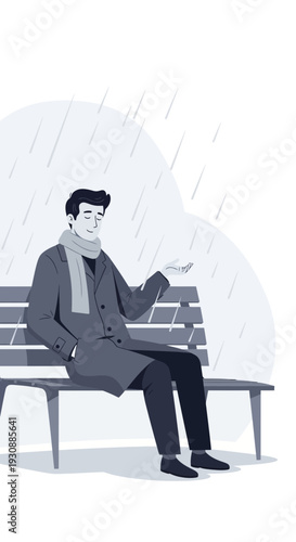 Man Enjoying A Peaceful Rainy Day Sitting On A Park Bench