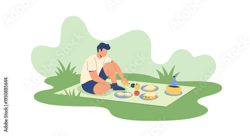 Man Enjoying A Peaceful Solo Picnic In A Lush Green Meadow