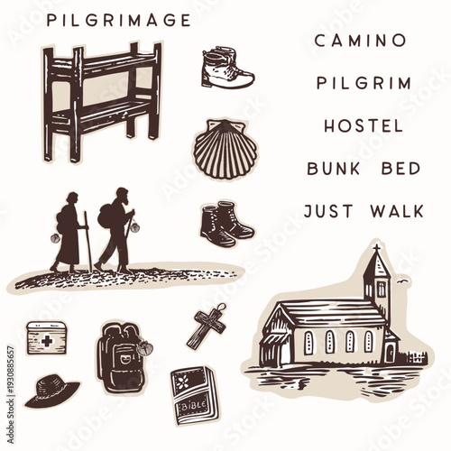 Hand drawn walker camino icon set with couple pilgrim at refugio aubergue pitstop. Shell for st james way europe pilgrimage symbol collection. Isolated sticker element for hospitality bunk bed stay. 