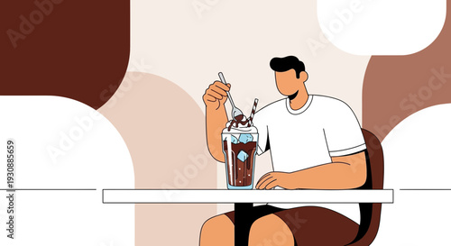 Man Enjoying A Refreshing Iced Coffee Drink At A Cafe