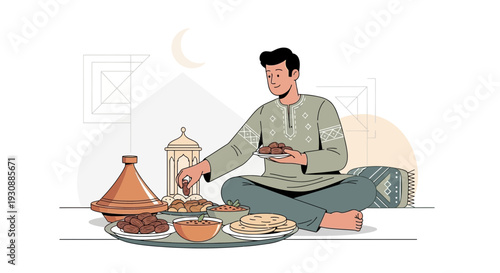 Man Enjoying A Ramadan Feast With Dates And Traditional Food
