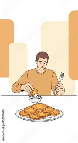 Man Enjoying A Stack Of Golden Pancakes With A Side Of Creamy Topping