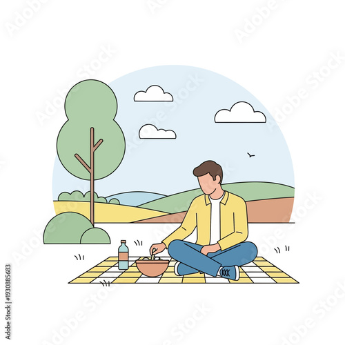 Man Enjoying A Serene Picnic Outdoors Amidst Rolling Hills And Pleasant Skies
