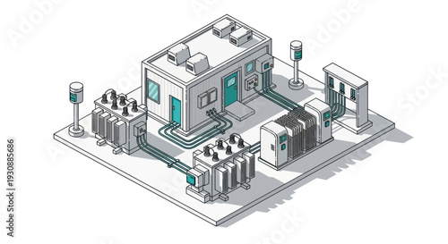 Isometric Industrial Building with Transformers and Power Lines.