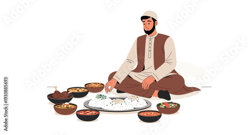 Man Enjoying A Traditional Meal Of Rice And Stews