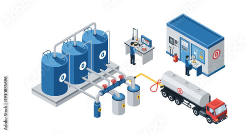 Isometric Industrial Chemical Plant with Storage Tanks and Delivery Truck.