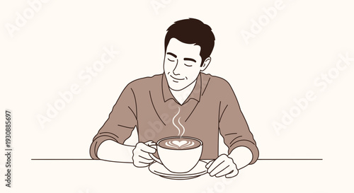 Man Enjoying Aromatic Coffee With Latte Art At Table