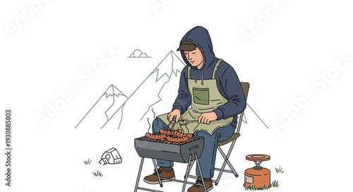 Man Grilling Sausages Amidst Majestic Mountain Scenery