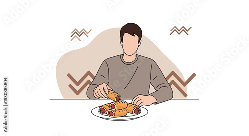 Man Enjoying Savory Sausage Rolls With Minimalist Abstract Background