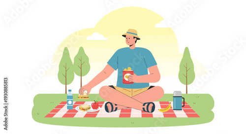 Man Enjoys A Peaceful Picnic Lunch Outdoors Amidst Nature