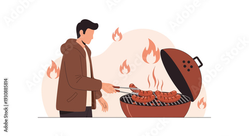 Man Grilling Sausages On Barbecue Surrounded By Flames Illustration