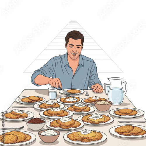 Man Enjoys Abundant Stack Of Pancakes At A Generously Laid Table