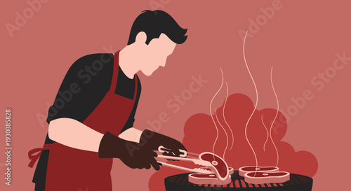 Man Grilling Steak Outdoors With Red Apron And Tongs