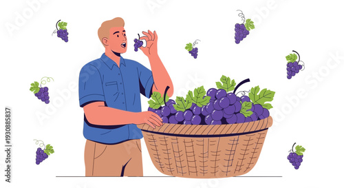 Man Enjoys Freshly Harvested Grapes From Abundant Basket