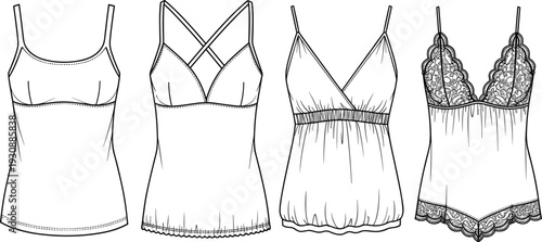 Lingerie Camisole Technical Sketch Set with Lace Trim and Cross Back Details cad drawing flat vector illustration for Fashion Design.